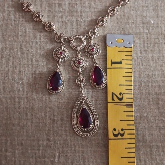 Gold Tone Garnet Dangle Tear Drop Necklace - Picture 6 of 12
